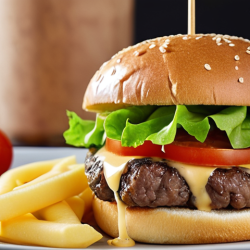 Home 11 **Prompt:** Close-up of a juicy hamburger being assembled. Focus on the fresh ingredients: vibrant green lettuce, ripe red tomatoes, caramelized onions, a perfectly cooked beef patty with melted American cheese, and a brioche bun slathered with sauce. Emphasize the textures and colors to create an appetizing and inviting image. Consider a shallow depth of field to highlight the burger.
