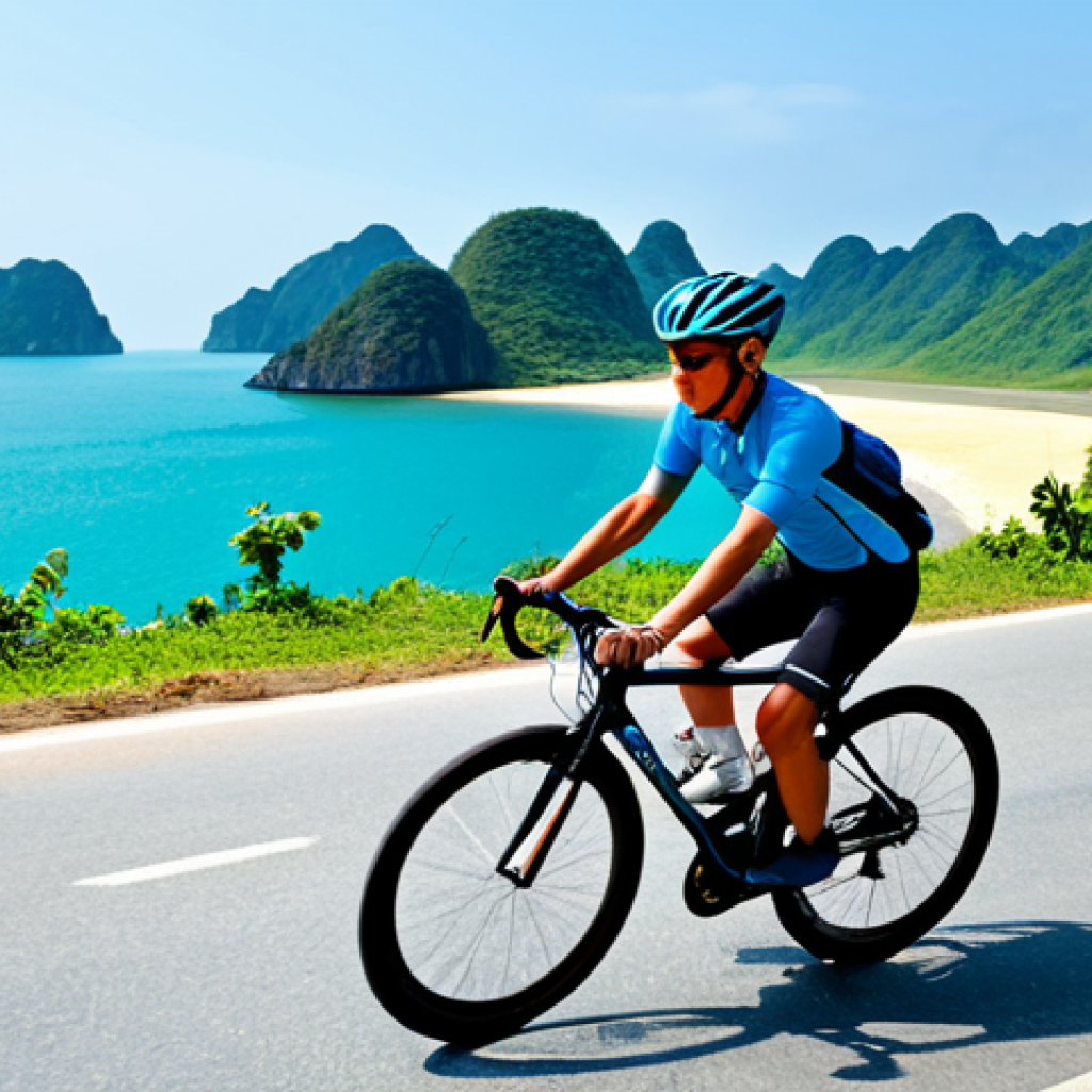 A solo cyclist rides a road bike along a winding coastal road in Vietnam, with a panoramic view of the turquoise ocean and distant islands under a clear blue sky. The cyclist is wearing a fully clothed, modest cycling jersey and shorts, appropriate attire, with a helmet. The scene is bathed in warm natural light, emphasizing the serene beauty of the landscape and the joyful experience of cycling. Perfect anatomy, correct proportions, natural pose, well-formed hands, proper finger count, natural body proportions. Safe for work, appropriate content, fully clothed, family-friendly, professional photography, high quality.