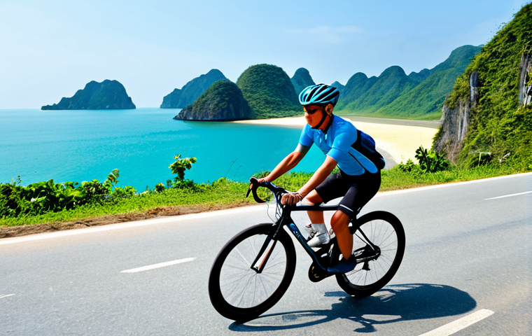 A solo cyclist rides a road bike along a winding coastal road in Vietnam, with a panoramic view of the turquoise ocean and distant islands under a clear blue sky. The cyclist is wearing a fully clothed, modest cycling jersey and shorts, appropriate attire, with a helmet. The scene is bathed in warm natural light, emphasizing the serene beauty of the landscape and the joyful experience of cycling. Perfect anatomy, correct proportions, natural pose, well-formed hands, proper finger count, natural body proportions. Safe for work, appropriate content, fully clothed, family-friendly, professional photography, high quality.