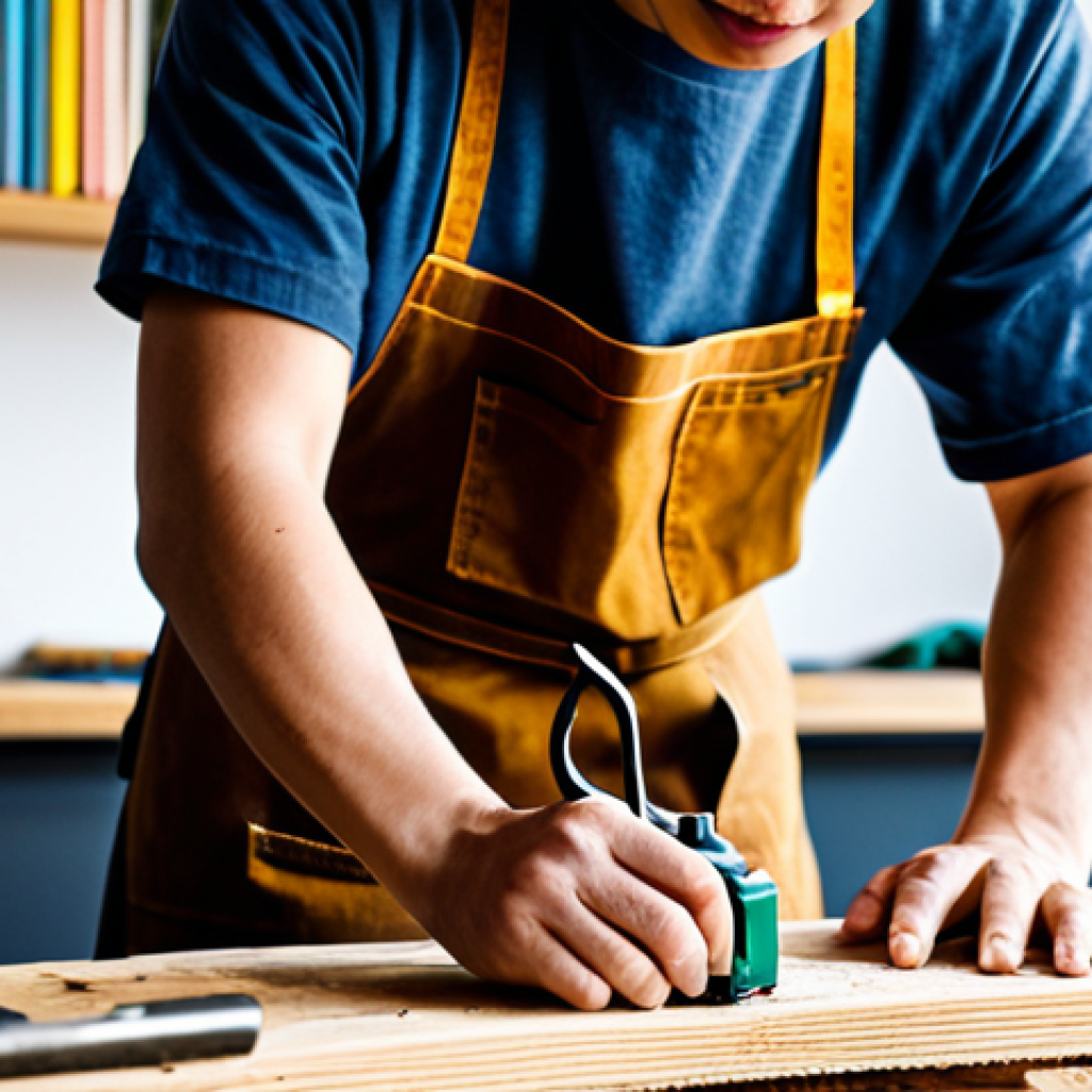 A focused Vietnamese craftsperson, wearing a modest, professional work apron and appropriate attire, meticulously assembling a sleek wooden bookshelf from reclaimed pallet wood. Their hands are visible, carefully joining pieces with precision. The setting is a clean, well-organized home DIY workshop corner in a modern urban apartment, with various woodworking tools like a drill and measuring tape visible on a workbench. Soft natural light illuminates the scene, highlighting the texture of the wood. The atmosphere conveys dedication and the joy of creation.
* *Quality/Safety Markers:* professional photography, high detail, sharp focus, natural pose, perfect anatomy, correct proportions, well-formed hands, proper finger count, natural body proportions, safe for work, appropriate content, fully clothed, modest clothing, professional.