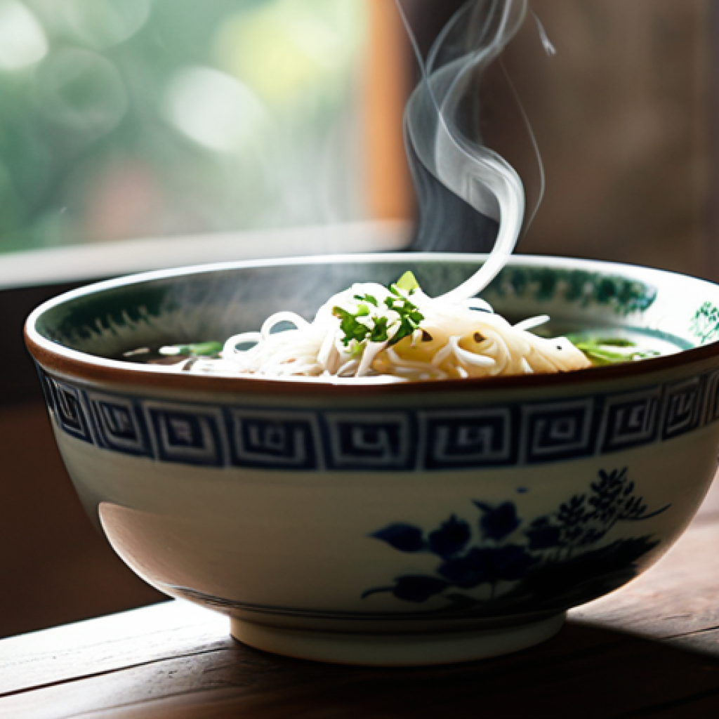 "A close-up photograph of a bowl of *pho* on a wooden table next to a window with soft, diffused sunlight. Steam rises delicately from the bowl. Use a shallow depth of field to focus on the noodles and herbs. Simple, rustic pottery bowl. *Áo dài* draped on a nearby chair, hinting at Vietnamese culture. Warm, inviting atmosphere. Natural lighting, high resolution, professional photography, simple composition, depth of field, safe for work, appropriate content, fully clothed, modest, family-friendly."