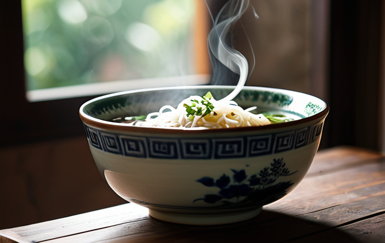 "A close-up photograph of a bowl of *pho* on a wooden table next to a window with soft, diffused sunlight. Steam rises delicately from the bowl. Use a shallow depth of field to focus on the noodles and herbs. Simple, rustic pottery bowl. *Áo dài* draped on a nearby chair, hinting at Vietnamese culture. Warm, inviting atmosphere. Natural lighting, high resolution, professional photography, simple composition, depth of field, safe for work, appropriate content, fully clothed, modest, family-friendly."