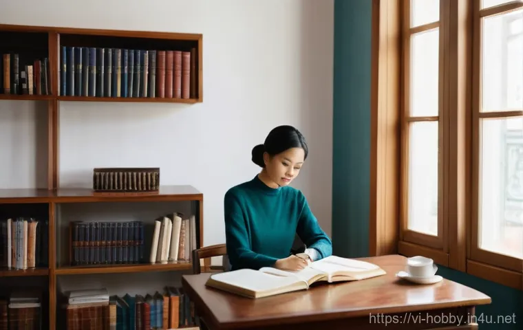 북리뷰 작성 팁 - **Prompt:** A young Vietnamese woman, appearing to be in her late 20s or early 30s, is seated at a b...