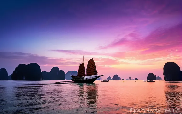 여행 사진 촬영 팁 - **Prompt:** A breathtaking sunrise over Hạ Long Bay, Vietnam, during the "golden hour." The sky is p...