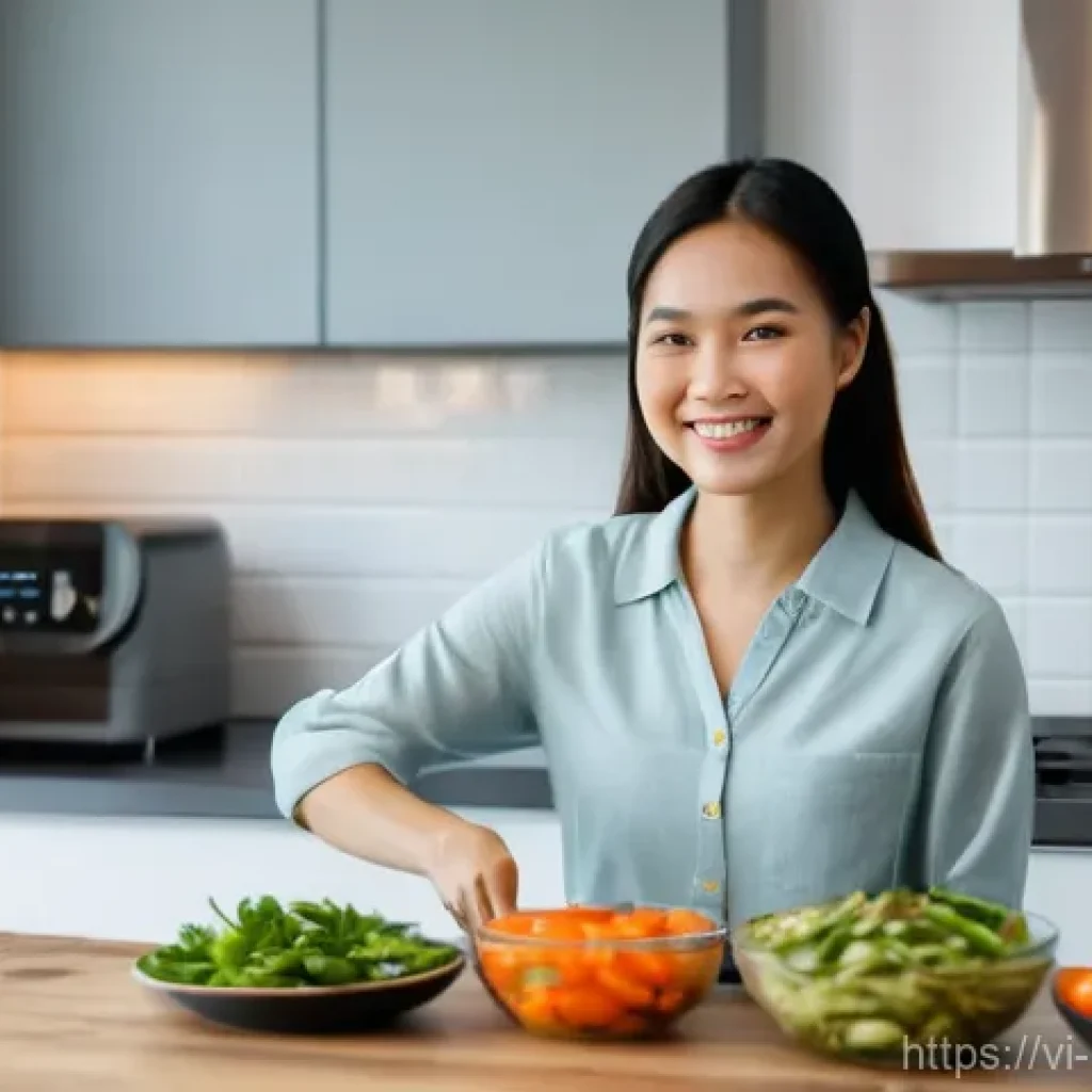 간단한 저녁 요리 레시피 - A brightly lit, modern Vietnamese kitchen, clean and well-organized. A young Vietnamese woman, in he...