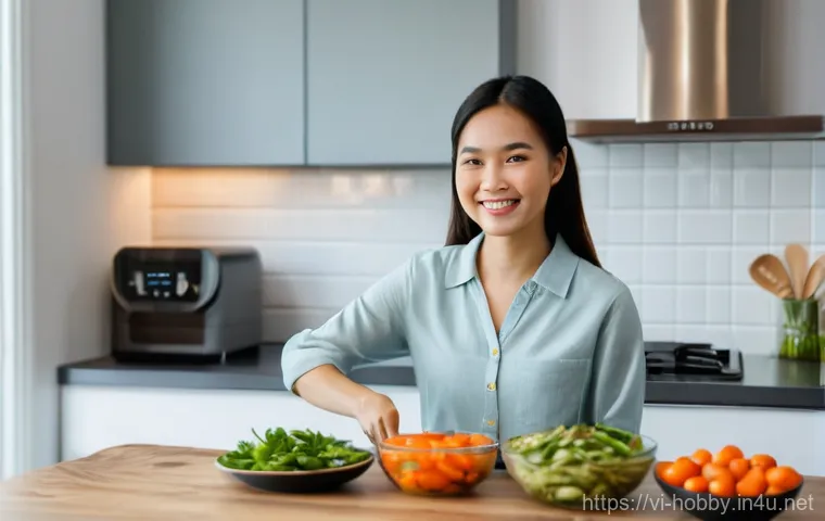 간단한 저녁 요리 레시피 - A brightly lit, modern Vietnamese kitchen, clean and well-organized. A young Vietnamese woman, in he...