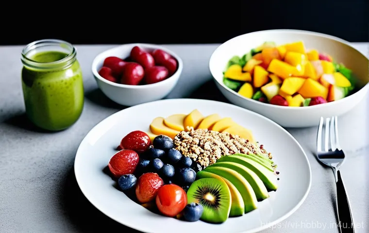주말 브런치 메뉴 - **Vibrant Asian Fusion Brunch:** A lively and colorful scene depicting an Asian fusion brunch table ...