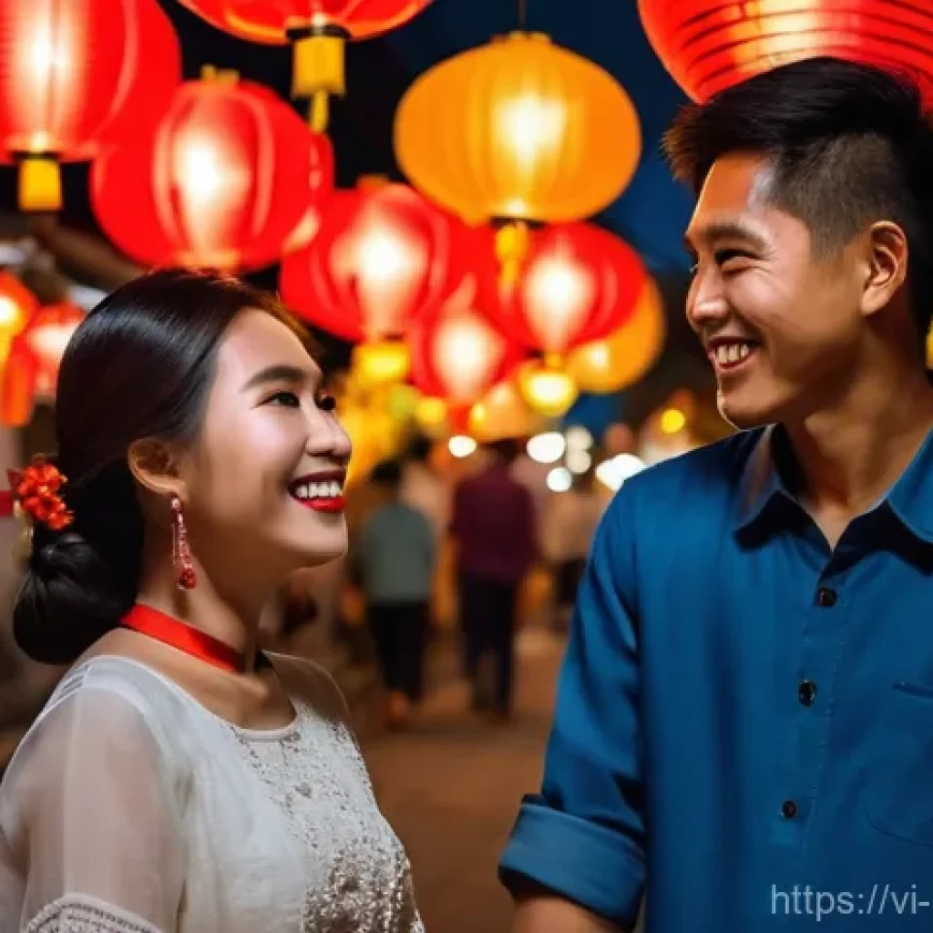 야경 촬영 팁 - **Hoi An Lantern Night Portrait:** A captivating night portrait of a young Vietnamese couple, in the...