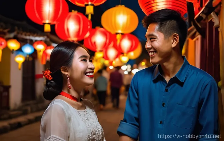 야경 촬영 팁 - **Hoi An Lantern Night Portrait:** A captivating night portrait of a young Vietnamese couple, in the...