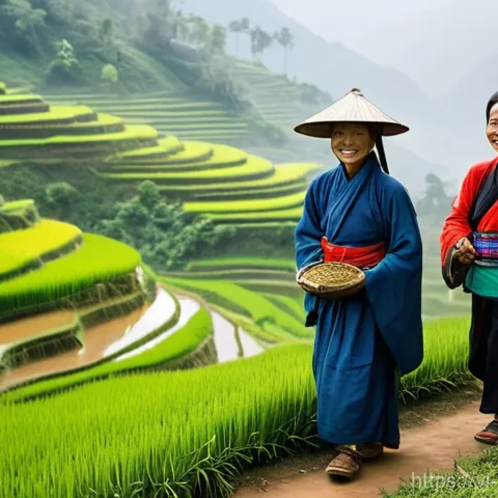 트레킹 여행지 - **Prompt: Northwest Vietnam Trekking and Cultural Exchange**
"A vibrant scene depicting a small ...