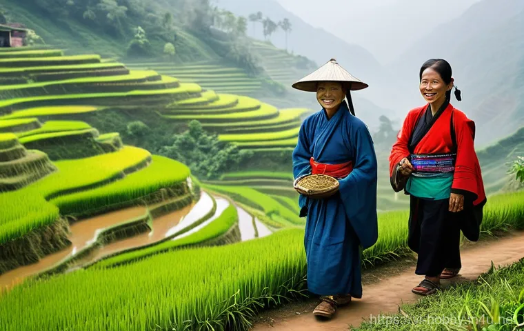트레킹 여행지 - **Prompt: Northwest Vietnam Trekking and Cultural Exchange**
"A vibrant scene depicting a small ...