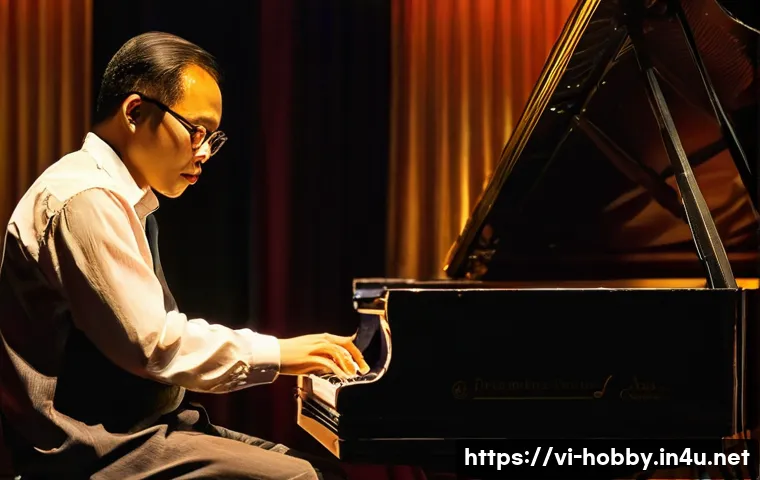 재즈 피아노 - **Prompt: "The Soulful Improviser in a Vietnamese Jazz Club"**
A captivating, low-angle shot of ...