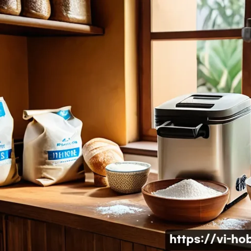 제빵기 사용법 - A cozy Vietnamese kitchen scene showcasing a modern bread maker machine on a wooden countertop, surr...
