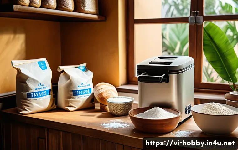 제빵기 사용법 - A cozy Vietnamese kitchen scene showcasing a modern bread maker machine on a wooden countertop, surr...