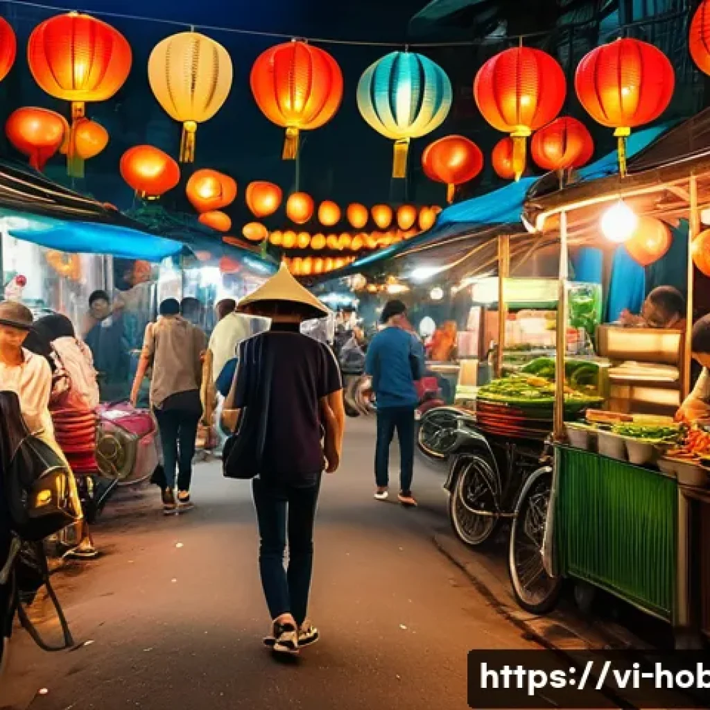 여행 취미 - A vibrant Vietnamese street scene in Hanoi featuring a young traveler sampling local street food at ...