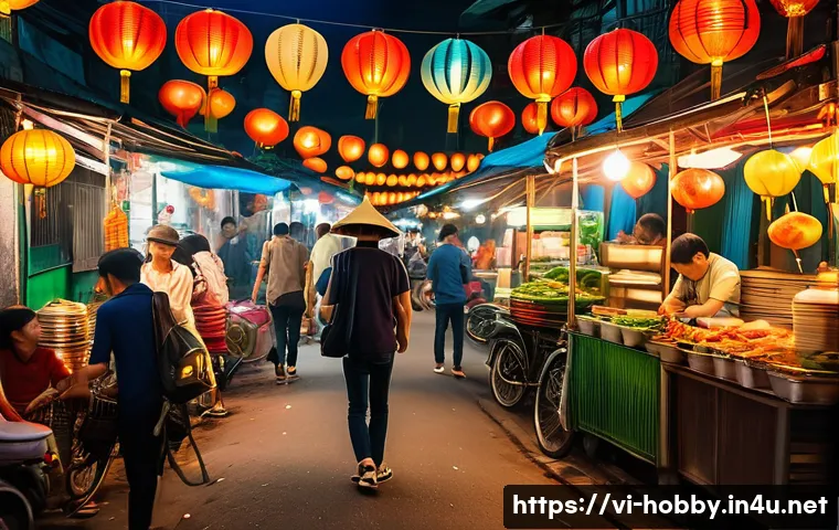 여행 취미 - A vibrant Vietnamese street scene in Hanoi featuring a young traveler sampling local street food at ...