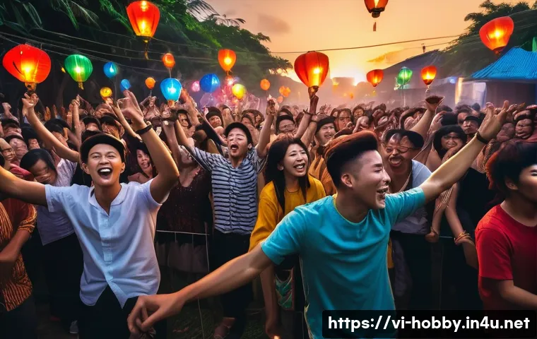 음악 장르 추천 - A vibrant outdoor music party scene in Vietnam at sunset, featuring a diverse group of young adults ...