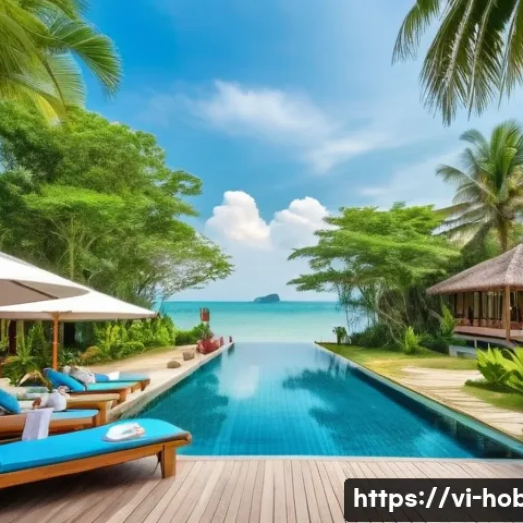 휴양지 여행 - A serene beachfront resort in Vietnam during a sunny day, featuring modern wooden villas with large ...