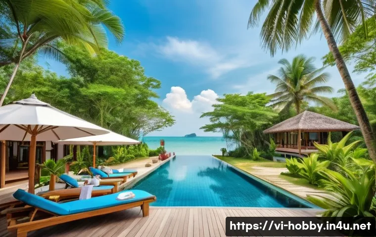 휴양지 여행 - A serene beachfront resort in Vietnam during a sunny day, featuring modern wooden villas with large ...