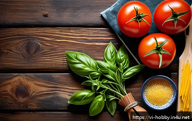 이탈리안 요리 배우기 - A vibrant Italian kitchen scene featuring fresh, colorful ingredients laid out on a rustic wooden ta...