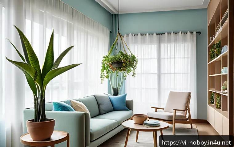 홈 인테리어 DIY - A bright and airy modern living room in a Vietnamese apartment featuring large windows dressed with ...