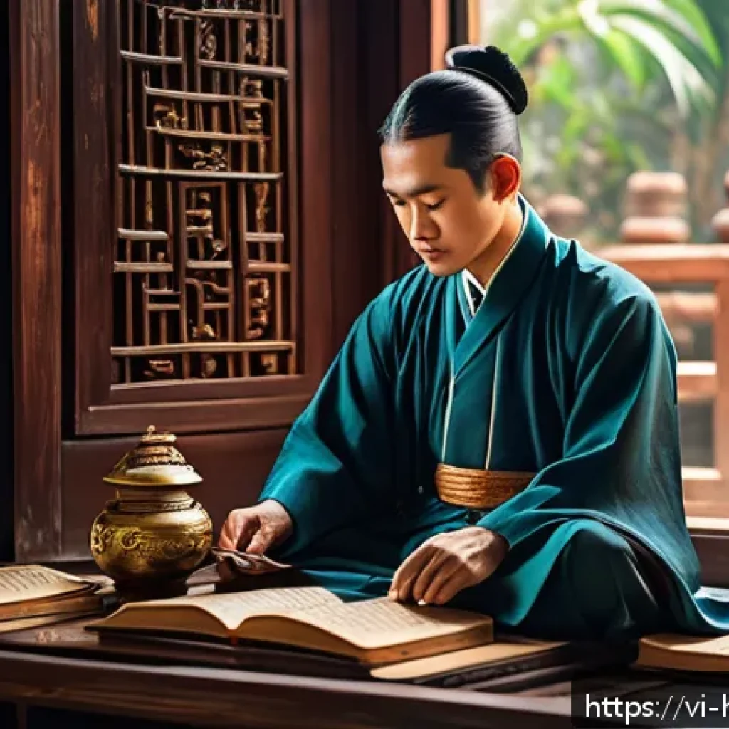 고전 문학 작품 - A detailed, atmospheric scene of a classic Vietnamese scholar in traditional áo dài and khăn đóng, s...