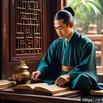 Home 22 고전 문학 작품 - A detailed, atmospheric scene of a classic Vietnamese scholar in traditional áo dài and khăn đóng, s...