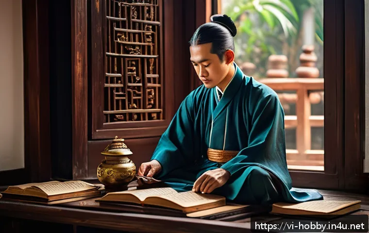고전 문학 작품 - A detailed, atmospheric scene of a classic Vietnamese scholar in traditional áo dài and khăn đóng, s...
