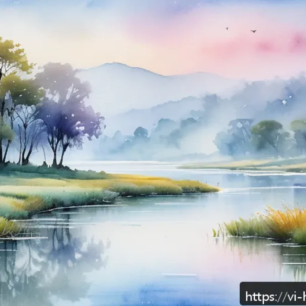 수채화 그리기 기법 - A delicate watercolor landscape painting showcasing the wet-on-wet technique, featuring a soft, mist...