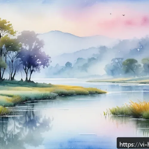 Home 32 수채화 그리기 기법 - A delicate watercolor landscape painting showcasing the wet-on-wet technique, featuring a soft, mist...