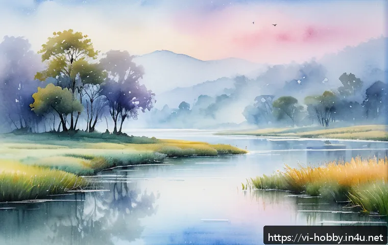 수채화 그리기 기법 - A delicate watercolor landscape painting showcasing the wet-on-wet technique, featuring a soft, mist...