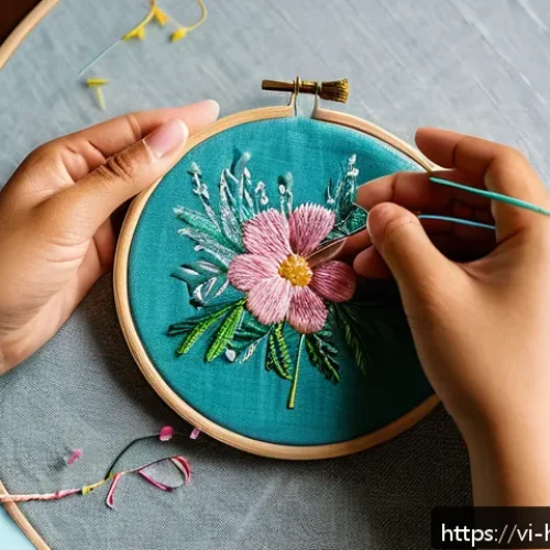 Home 31 자수 작업 방법 - A detailed close-up of a beginner embroiderer’s hands holding an embroidery hoop with a light cotton...