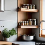 Home 18 목공 DIY 프로젝트 - A cozy, small kitchen corner featuring a custom-made wall-mounted wooden shelf crafted from light-co...