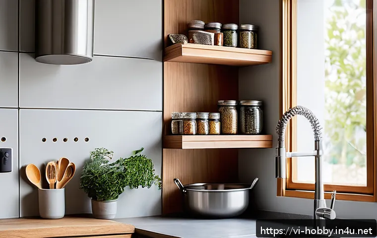 목공 DIY 프로젝트 - A cozy, small kitchen corner featuring a custom-made wall-mounted wooden shelf crafted from light-co...