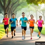 Home 23 운동 목표 설정 - A vibrant outdoor morning running scene in a lush Vietnamese park, featuring a diverse group of youn...