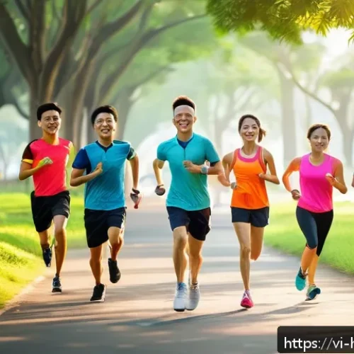 Home 17 운동 목표 설정 - A vibrant outdoor morning running scene in a lush Vietnamese park, featuring a diverse group of youn...