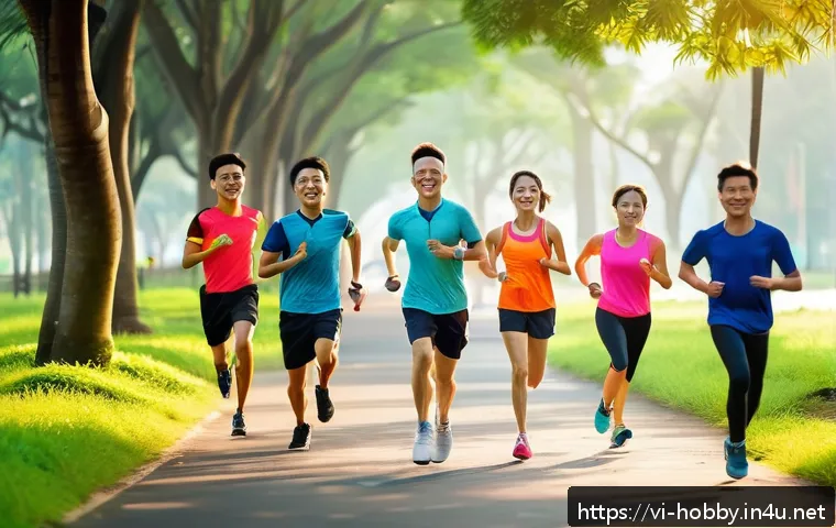 운동 목표 설정 - A vibrant outdoor morning running scene in a lush Vietnamese park, featuring a diverse group of youn...