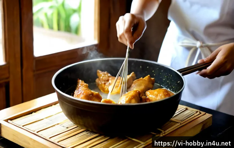 치킨 튀기기 - Photorealistic Vietnamese home kitchen scene, a cook in a clean apron carefully lowering battered ch...