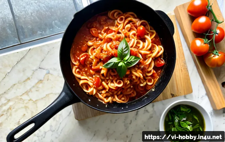 Home 17 파스타 소스 만들기 - Photorealistic overhead kitchen scene of homemade Vietnamese-style tomato pasta sauce simmering in a...