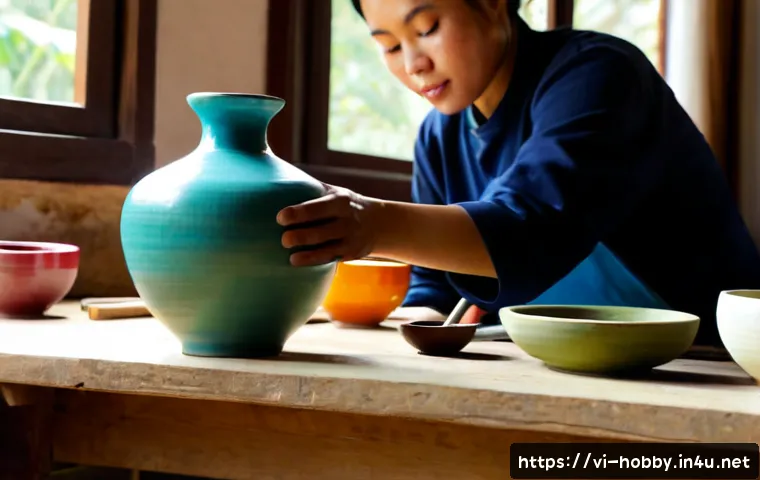 Home 17 공예 작품 만들기 - Photorealistic Vietnamese artisan creating a hand-painted ceramic vase at a clean wooden worktable, ...